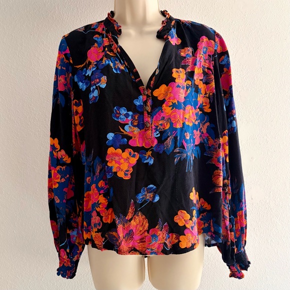Anthro Maeve Colette Peasant Blouse Floral Boho Black Pink Size S - Picture 12 of 12